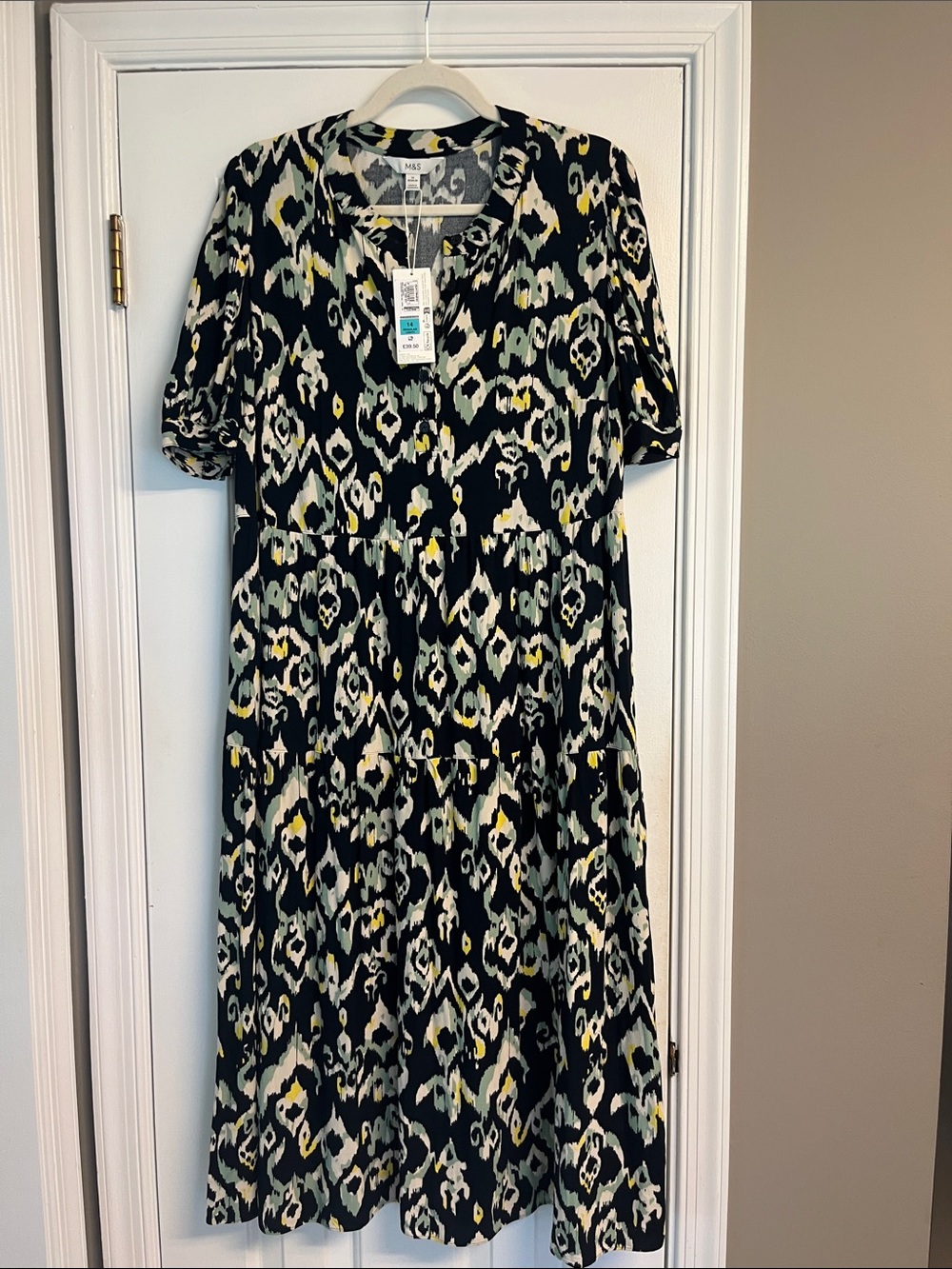 M&S Black Ikat Midi Dress with Yellow Accents